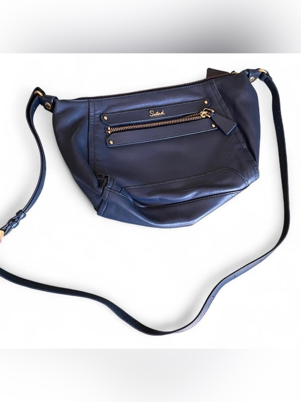 Navy Leather Crossbody Bag with Gold Zipper Accents